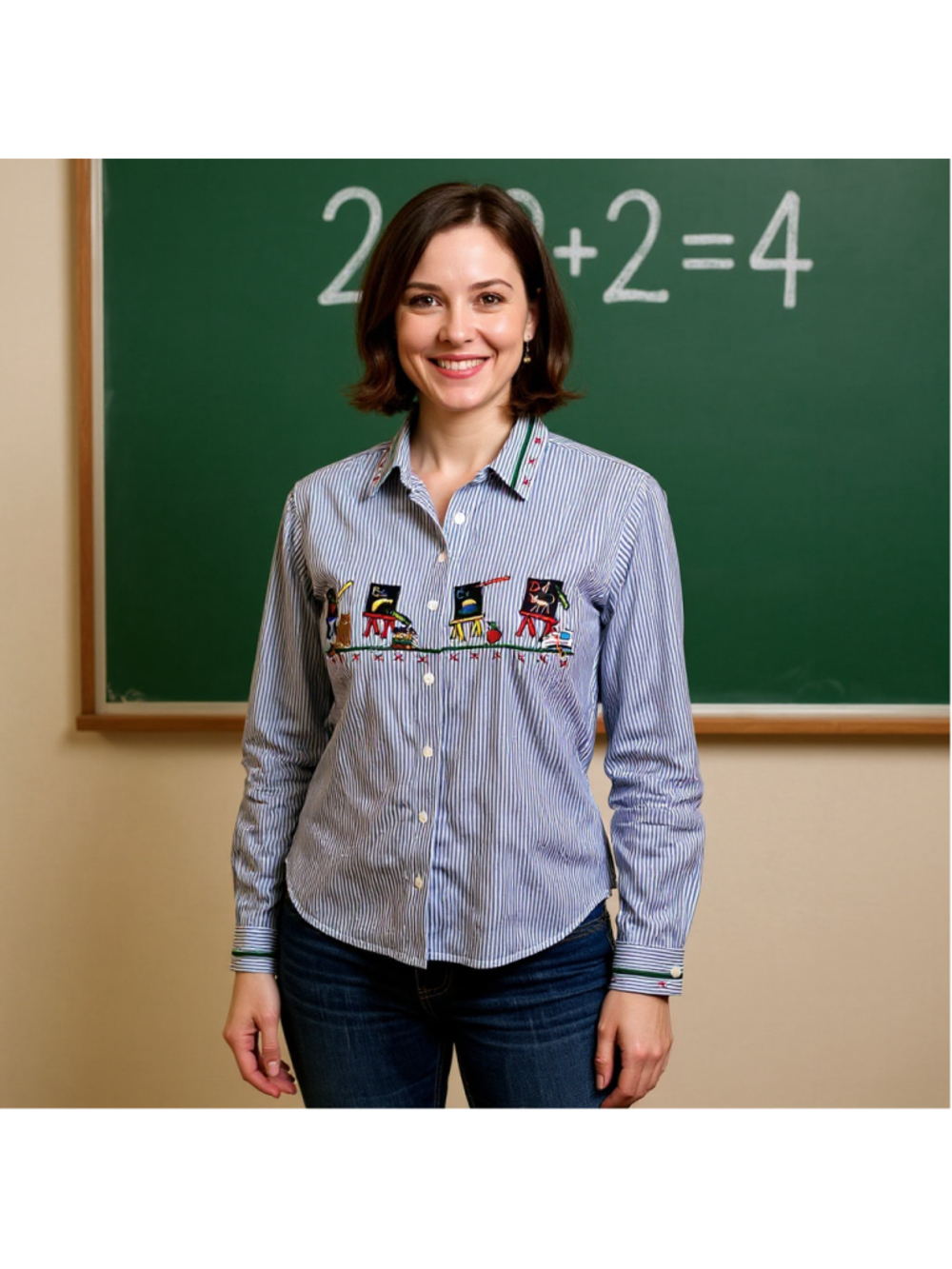 Karen Scott Vintage Striped Embroidered Button-Up Shirt Teacher Life School